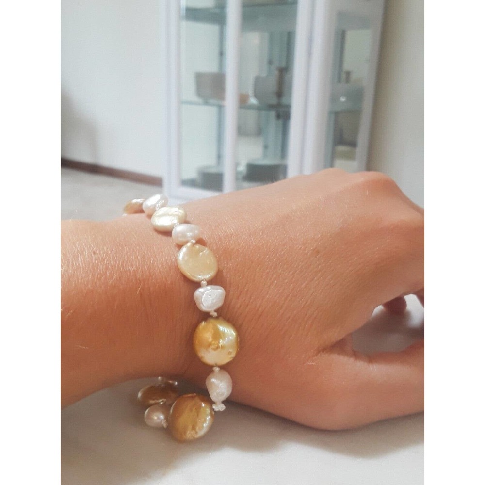 Womens Yellow & White Coin Pearl Silk Thread Bracelet w Sterling Silver Clasp